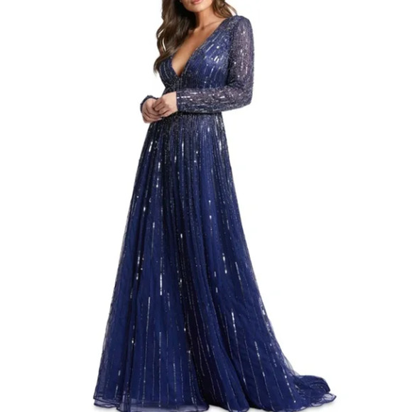 Mac Duggal Formal Dress Size 12 Navy Blue Sequin Long Sleeve V-Neck Evening Gown - Picture 5 of 16